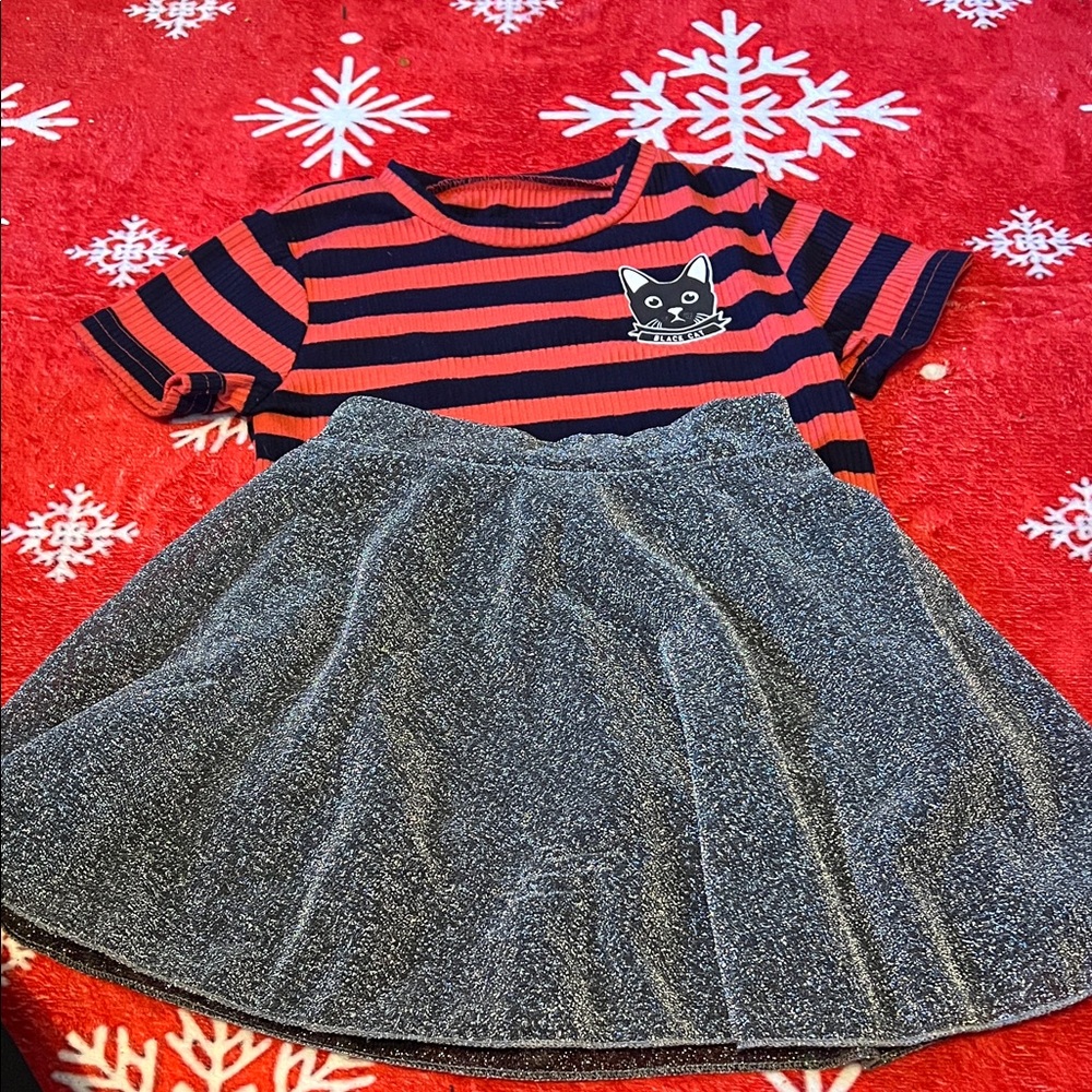 Striped Cat Tee and Sparkly Skirt Set